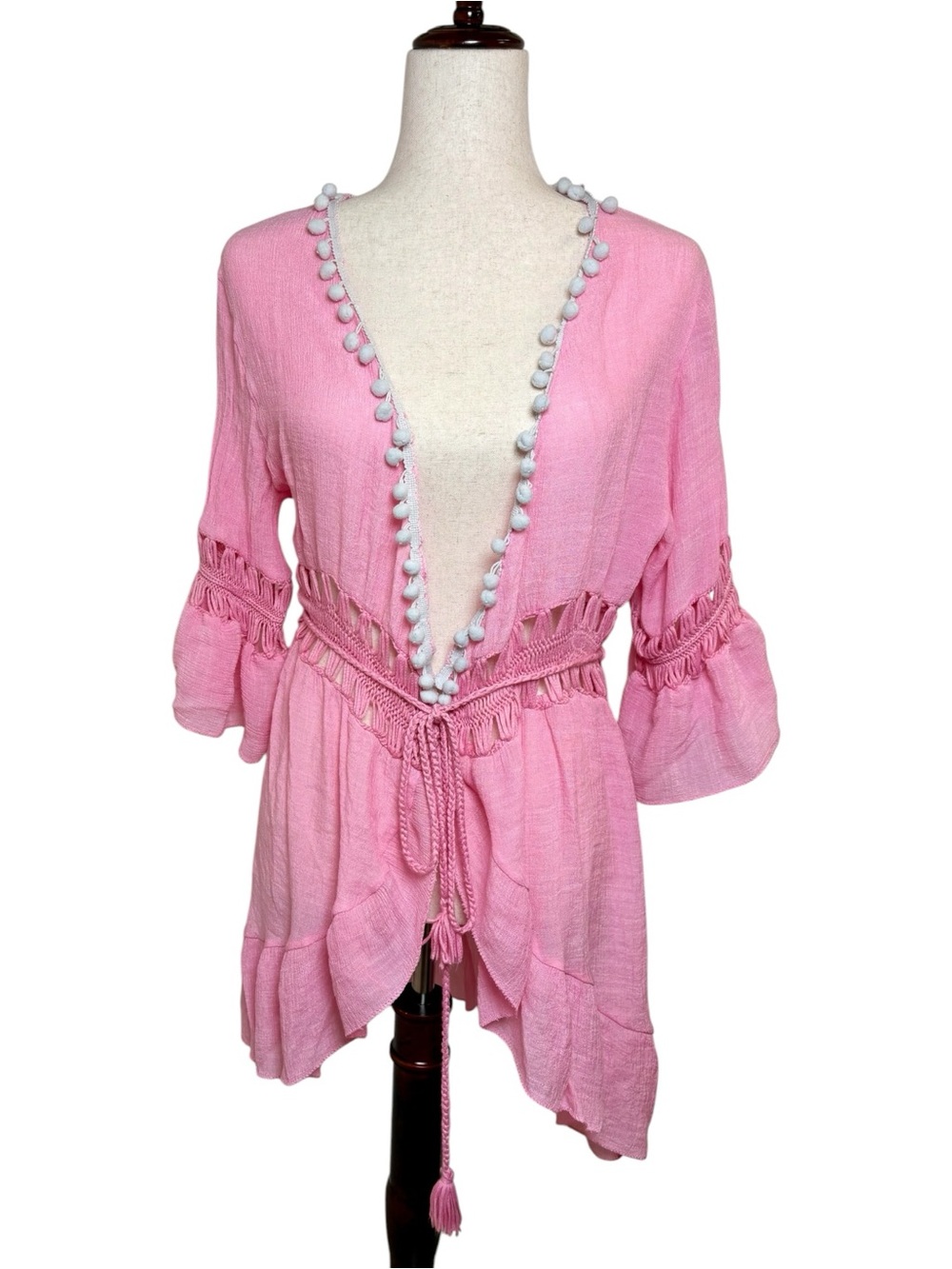 Pink Pom Trim Tie Front Kimono Vest Layer Boho Resort Festival Small Medium